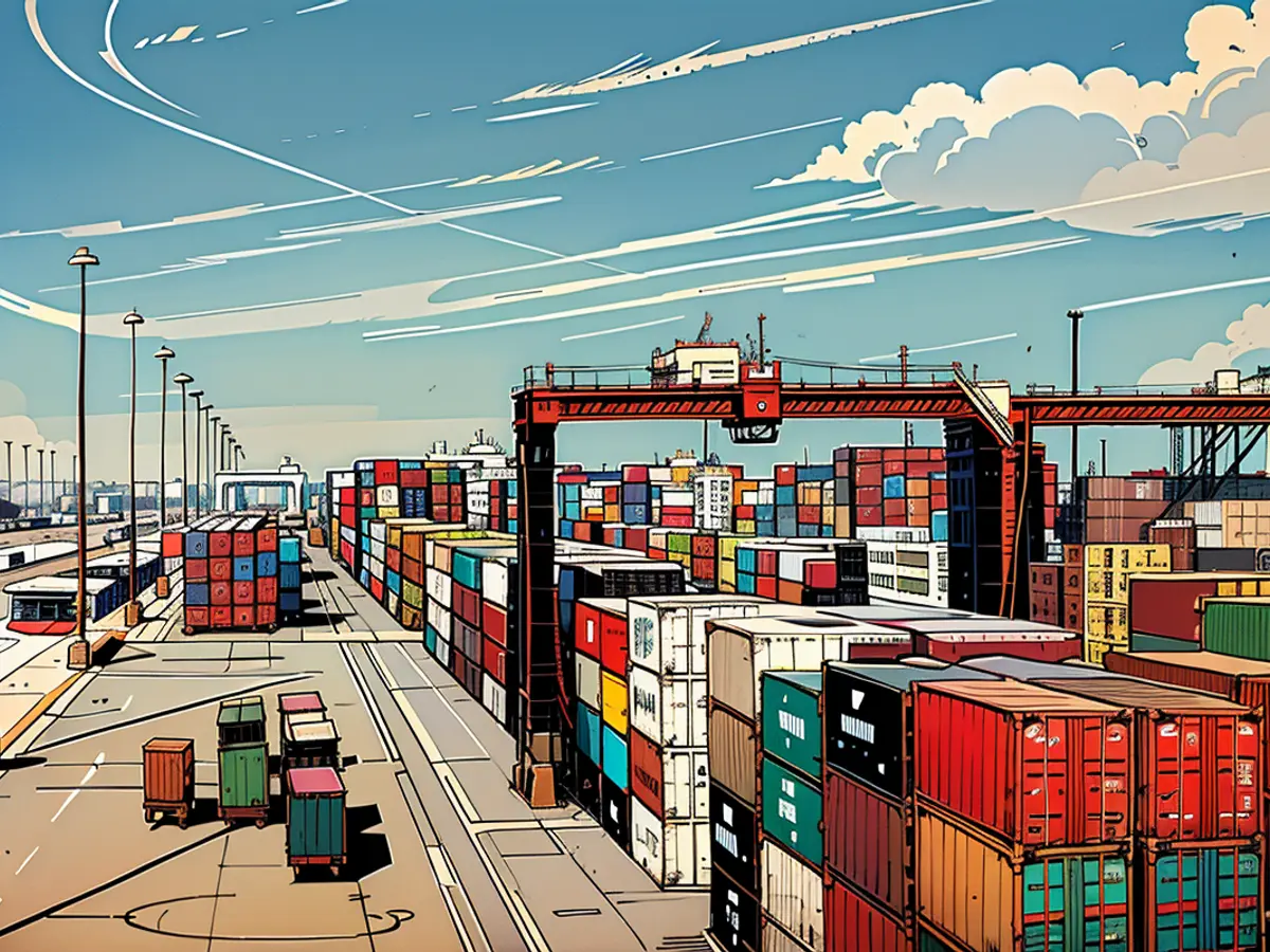 Vom erhöhtem Standpunkt aus bieten sich die Container am Hafen des Houston Port Authority, die von einer potentiellen Streikdrohung neben anderen Häfen an der Golf- und Ostküste am Dienstag kommen können.