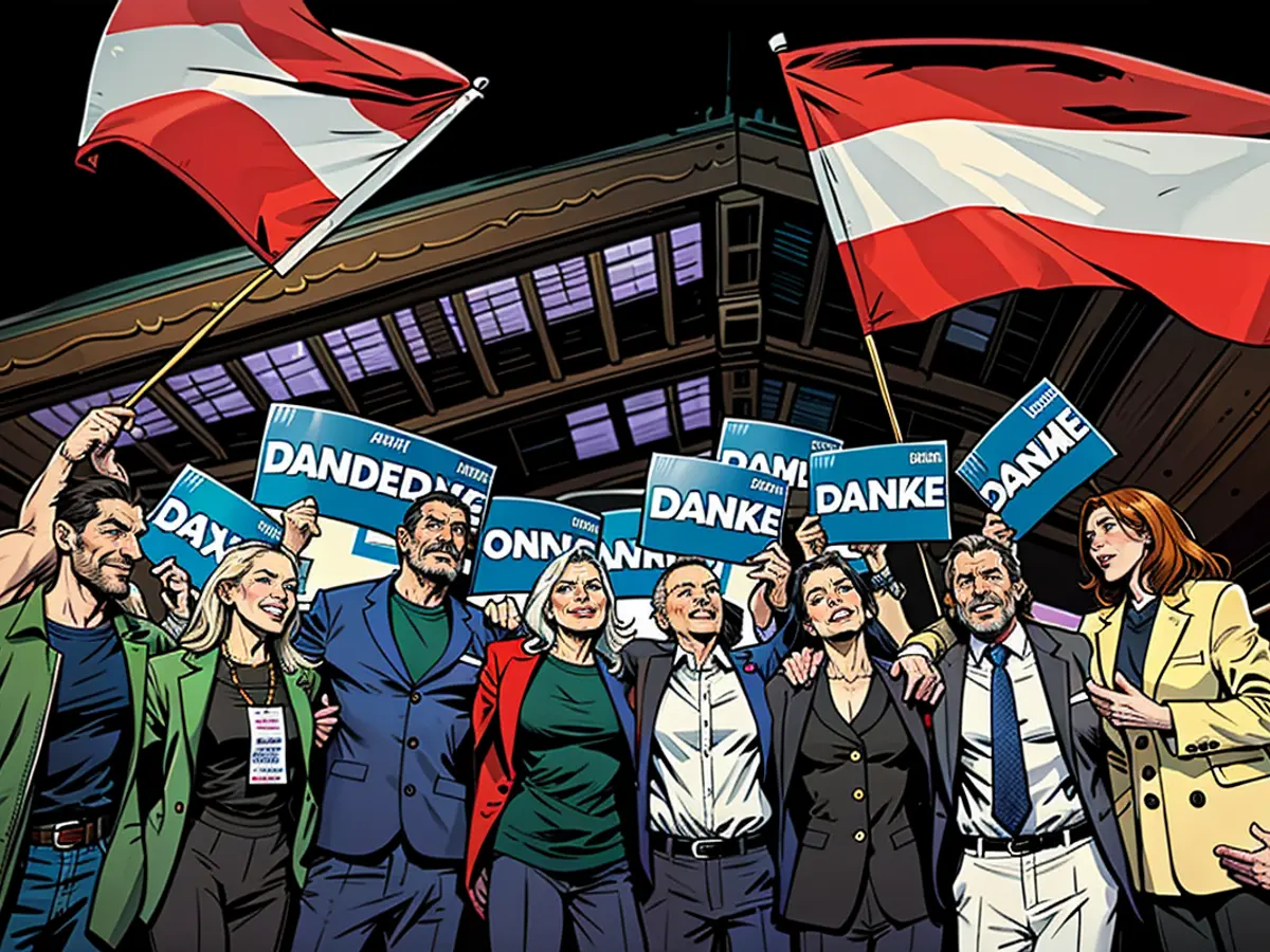 In Vienna, Austria, on September 29, 2024, Herbert Kickl, head of the Freedom Party, is photographed alongside his backers, following the conclusion of the nation's general election.