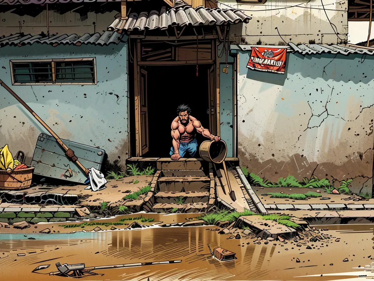 Amidst the aftermath of intense monsoon downpours in 2024, a fellow cleans dirt off his dwelling in a portion of Kathmandu that was hit by flooding.