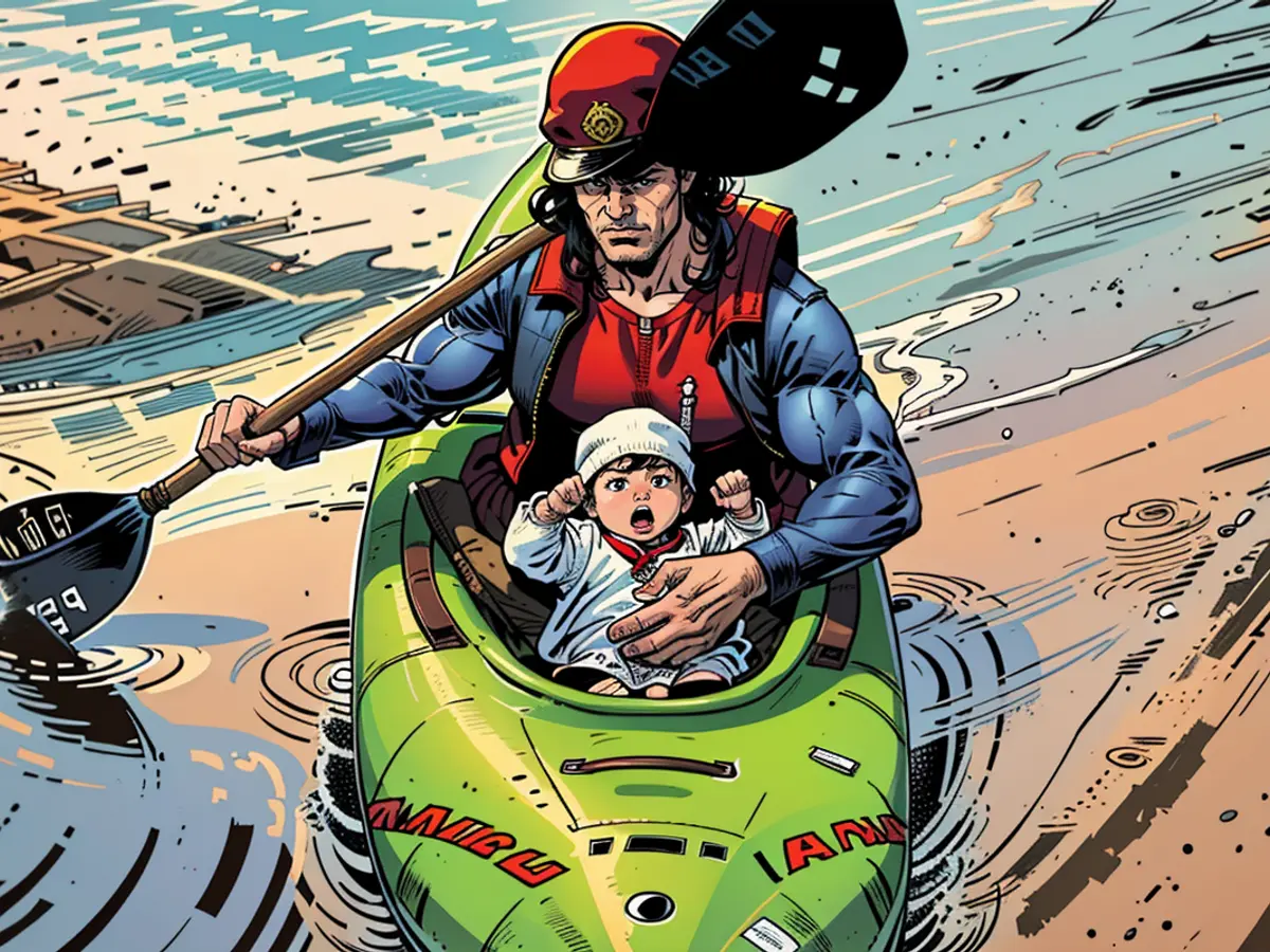 Army personnel from Nepal rescues a baby in a kayak from a submerged domestic neighborhood in Kathmandu, Nepal, on September 28, 2024.