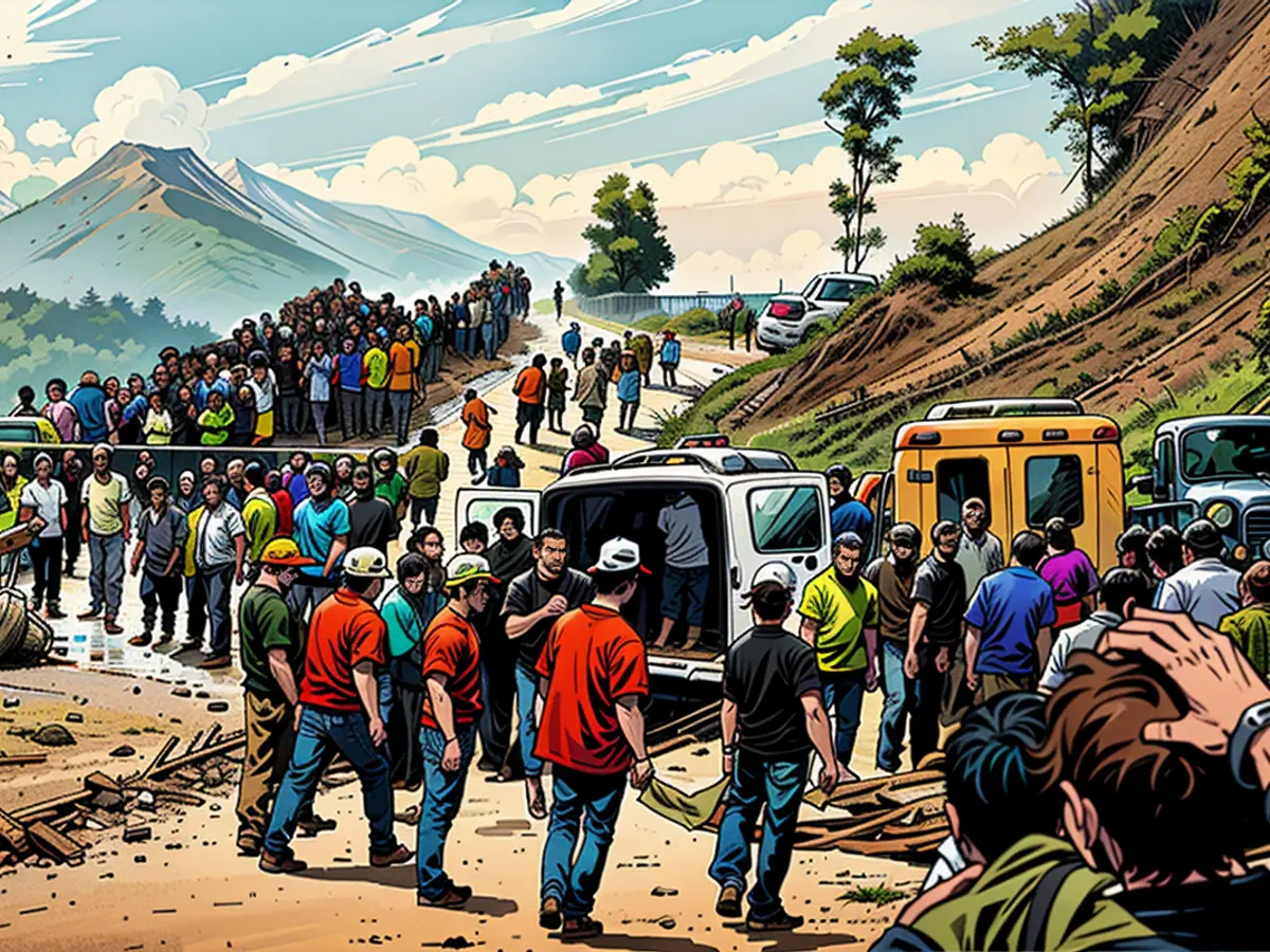 Stranded individuals at Tribhuwan Highway collect as emergency workers transfer corpses retrieved from a landslide caused by intense rainfall into an ambulance in Dhading, Nepal, on September 29, 2024.