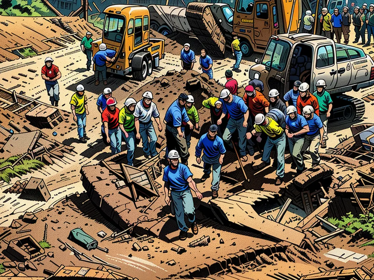 Rescatistas trabajando en el sitio del alud, tras el encarcelamiento de vehículos y pasajeros, en la carretera Tribhuvan de Nepal en Dhading, el 29 de septiembre de 2024.