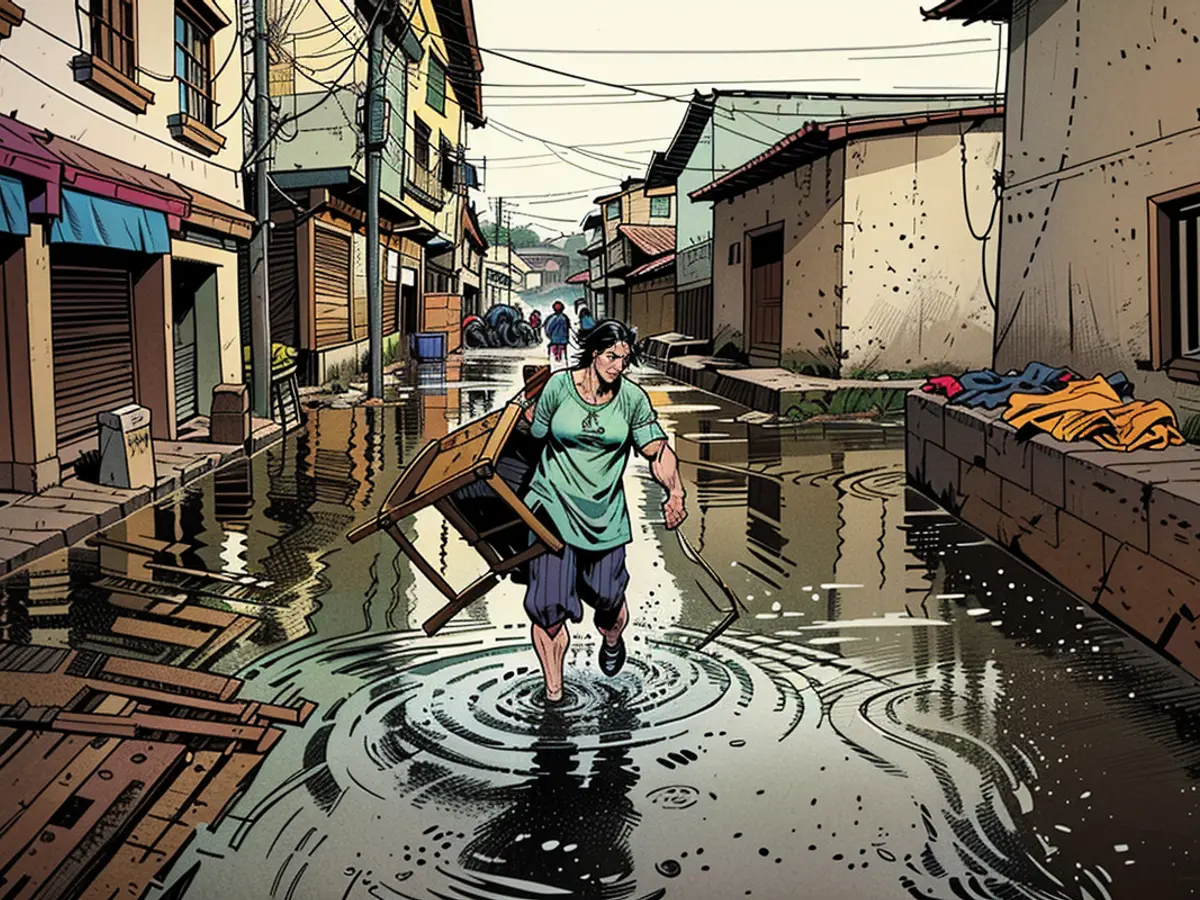 A female individual toting a chair traverses a soggy avenue submerged due to the Bagmati River's water spillover after substantial rainfall in Kathmandu, Nepal, on September 29, 2024.