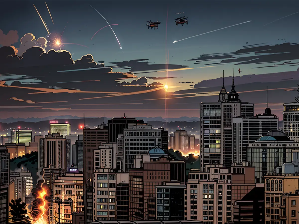 Um drone detonando em Kiev.