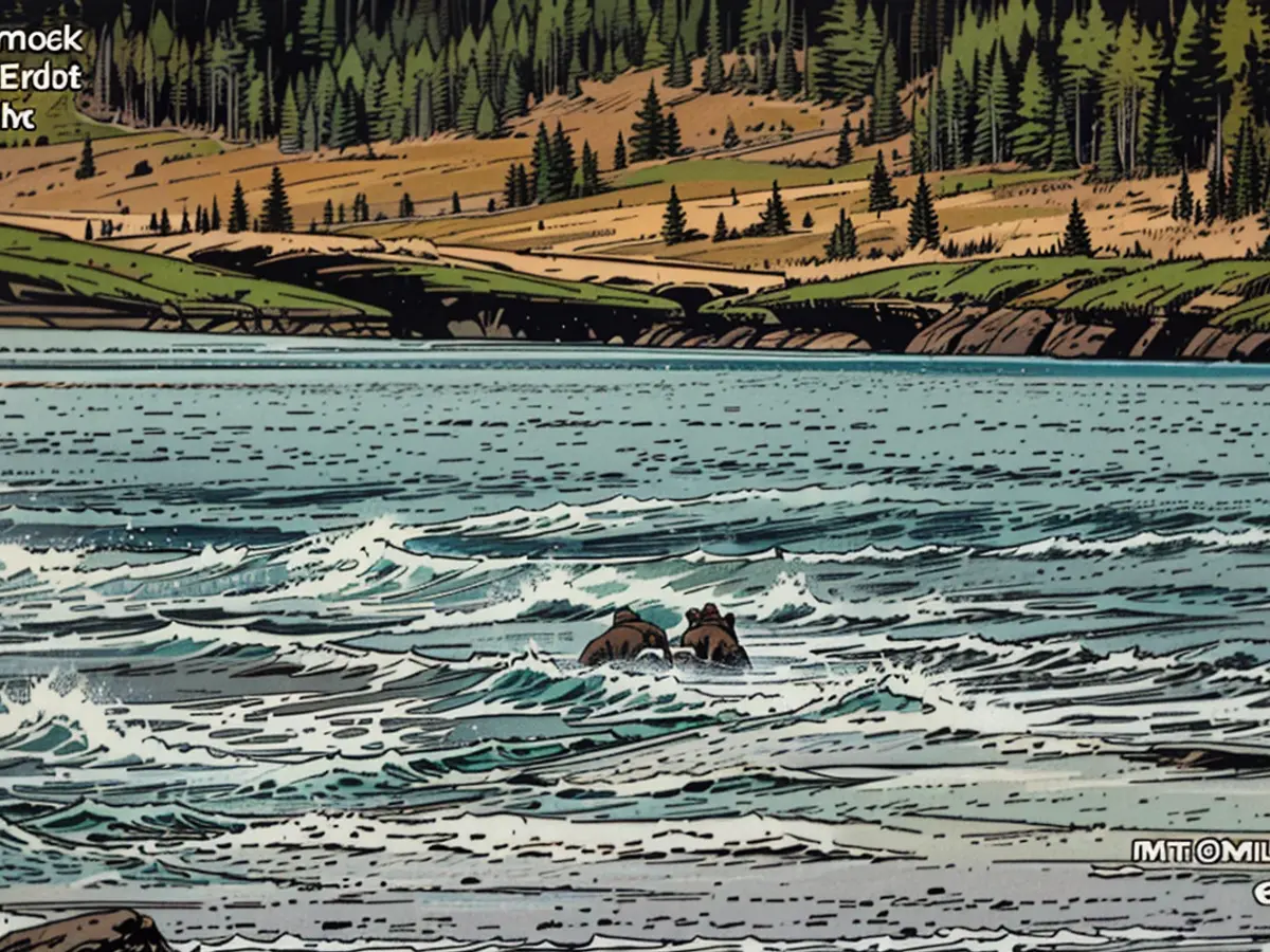 In the captured frame from a broadcasted video, two bears engage in a confrontation within Katmai National Park on September 30th.