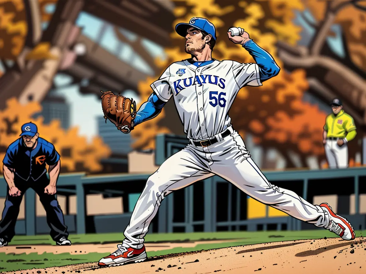 Nel frame di apertura, il lanciatore dei Kansas City Royals Cole Ragans lancia contro i Baltimore Orioles.