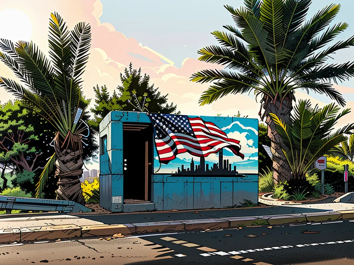 A bomb shelter showcases a painting of the New York City skyline and both the American and Israeli flags within the Eshkol Region, Israel, on November 1, 2023.