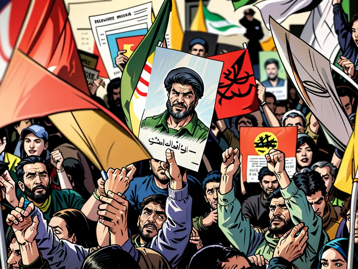 Na animada reunião em Tehran's Palestine Square em 1 de outubro de 2024, um manifestante exibe um cartaz com a imagem do falecido líder do Hezbollah, Hassan Nasrallah, após o ataque com mísseis da Irã a Israel.