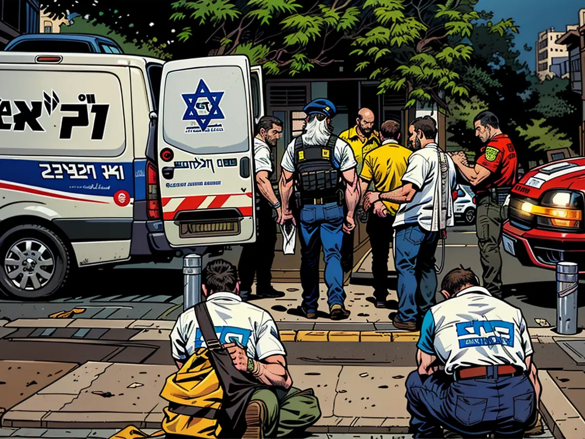 Emergency services in Israel responding to a shooting incident in Jaffa, Israel, occurring on October 1, 2024.