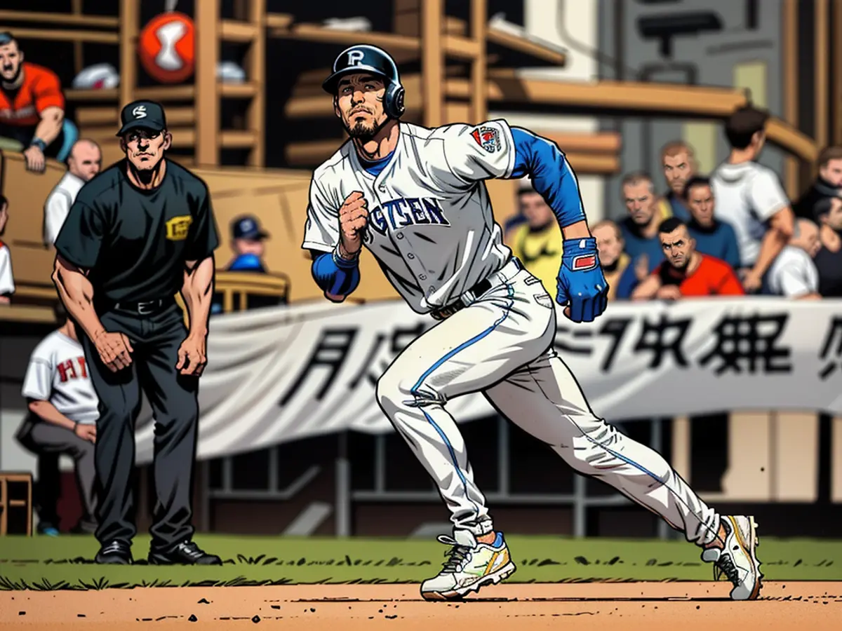 In the third inning, Bobby Witt Jr. sprints from first to third base following a hit by Salvador Perez.