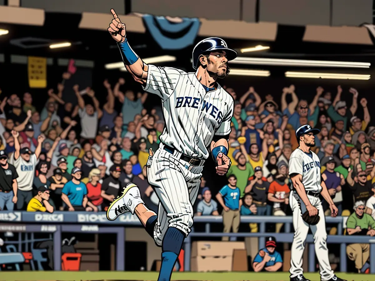 Chourio, Jackson, shows his reaction after hitting a homerun in the initial inning.