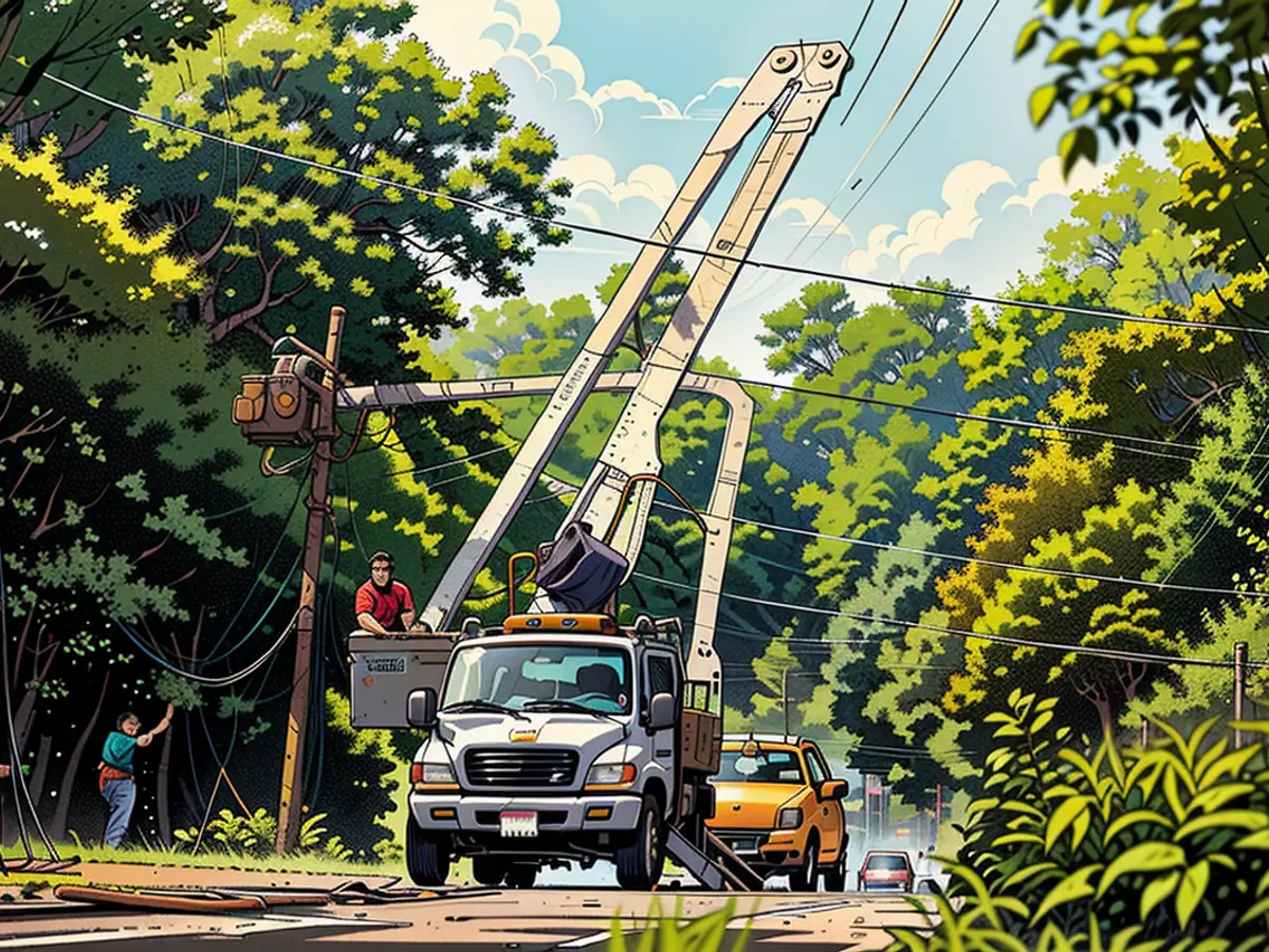 Utility workers fix fallen power lines on Warren Road in Augusta, Georgia, on September 30, 2024.