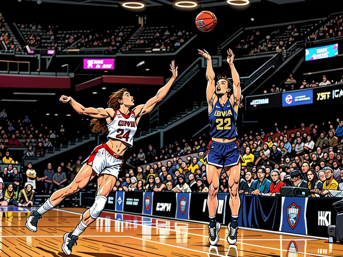 IN CLEVELAND, OHIO, ON APRIL 7TH: Caitlin Clark, donning the #22 for Iowa Hawkeyes, launches a three-point shot over Bree Hall #23 of the South Carolina Gamecocks during the first half of the 2024 NCAA Women's Basketball Tournament National Championship. The event took place at Rocket Mortgage FieldHouse.