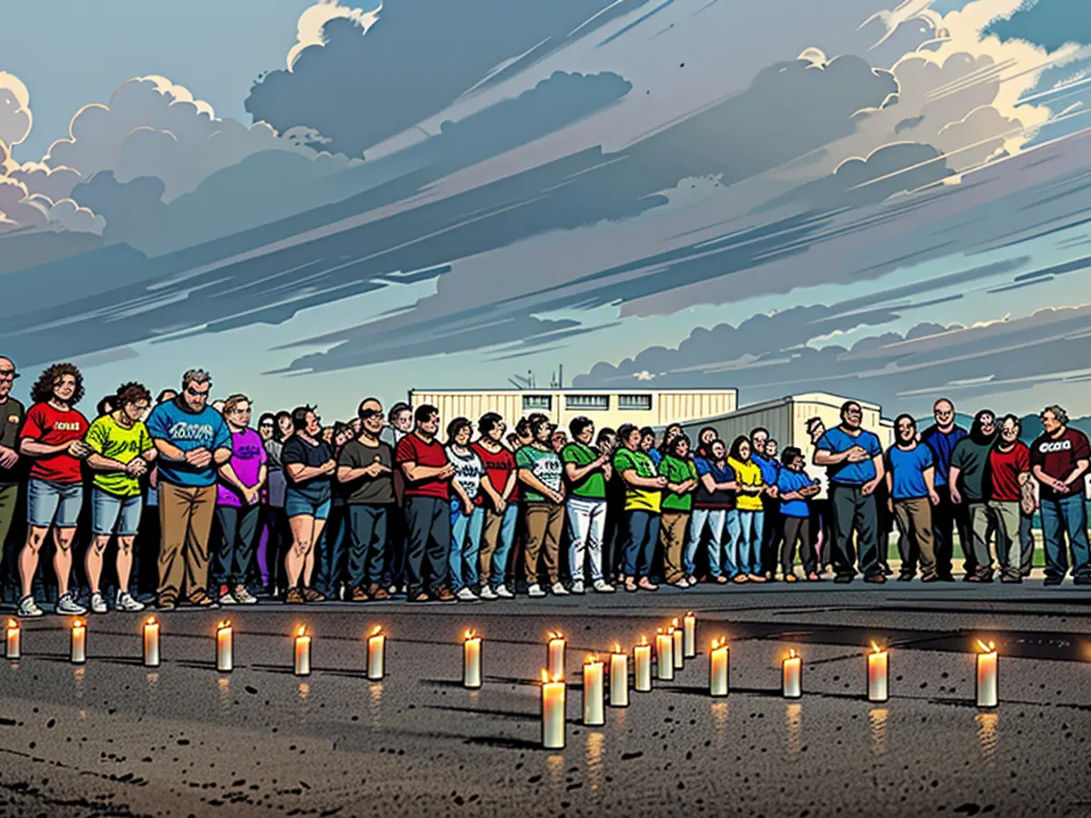 Multidões de aproximadamente 200 pessoas organizaram velas em formato de cruz durante a noite de quinta-feira, reunindo-se para uma vigília solene com velas, homenageando os moradores de Erwin, Tennessee, atingidos pelas enchentes.