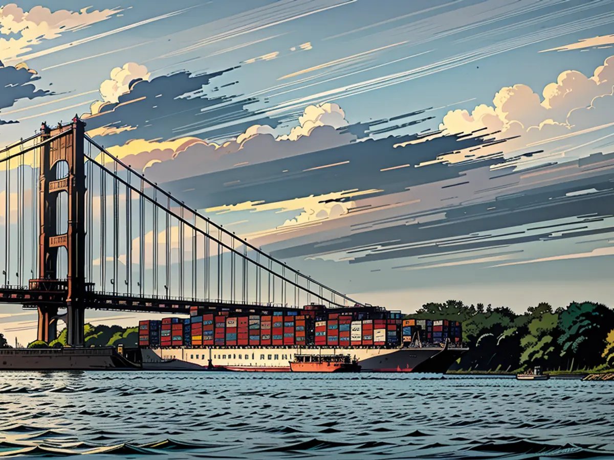 Le vaisseau One Falcon navigue près du pont Verrazano à New York Harbor lors de son arrivée le 4 octobre 2024.