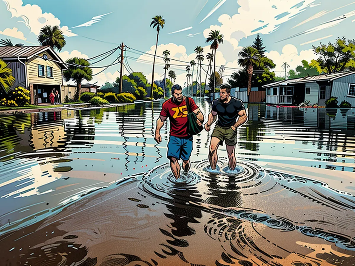 In the aftermath of Hurricane Helene, Thomas Chaves and Vinny Almeida wade through inundated streets to reach Chaves's mom's residence situated in the Shore Acres area, on September 27, 2024, in St. Petersburg, Florida.