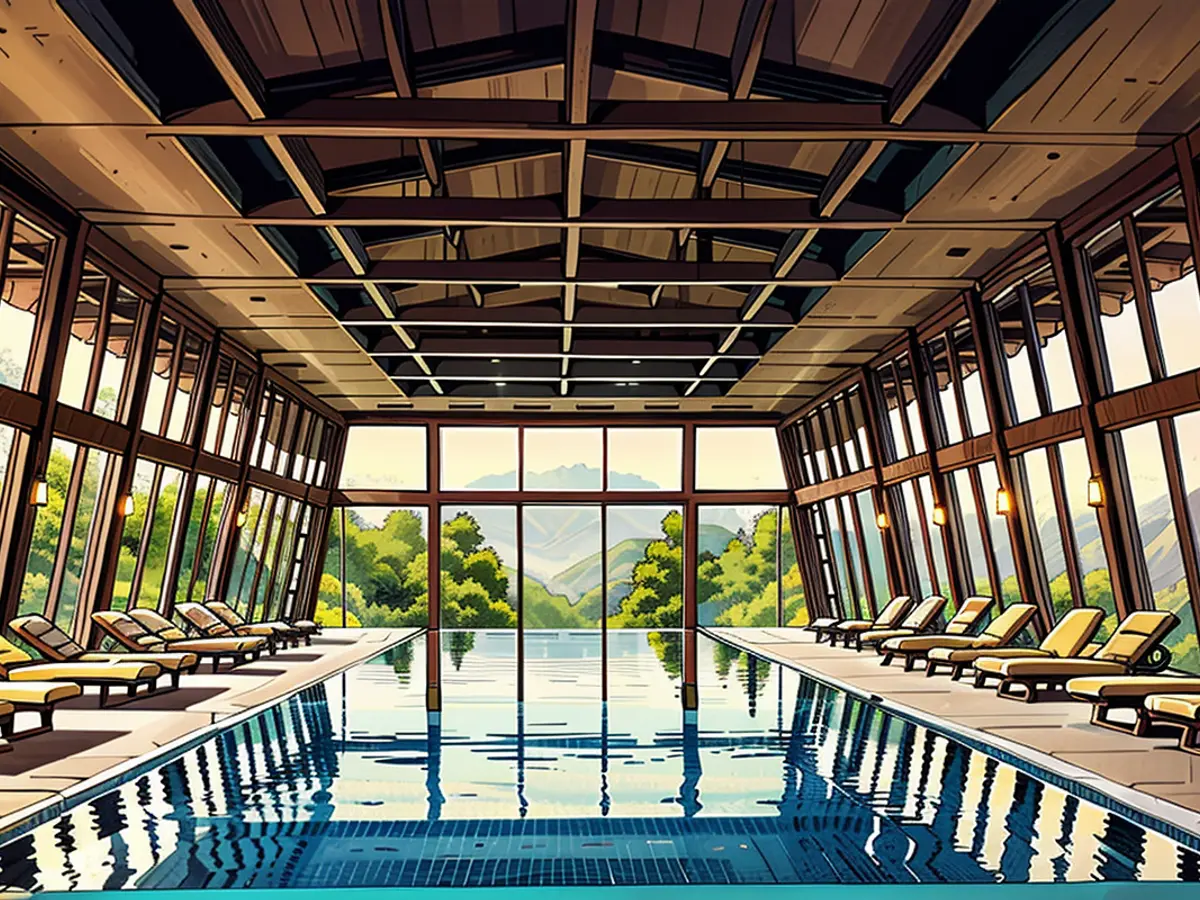 La piscine de 20 mètres offre une vue époustouflante sur la vallée, ainsi qu'une vue sur le colossal Bouddha Dordenma de 52 mètres, qui figure parmi les plus grandes statues de Bouddha dans le monde.