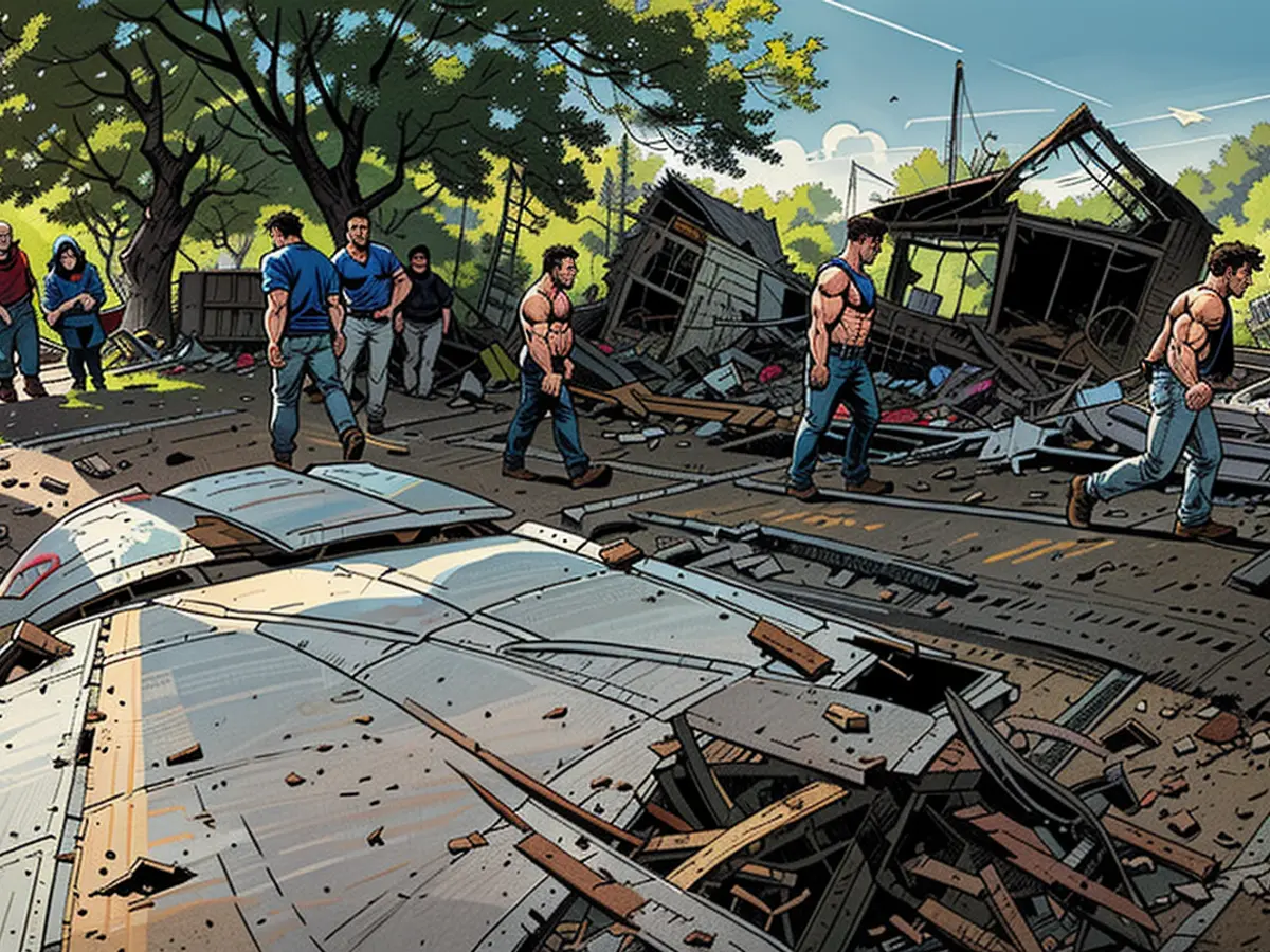 The plane's descent is visible, with debris from the accident scattered in the distance and a house reduced to rubble due to the impact.