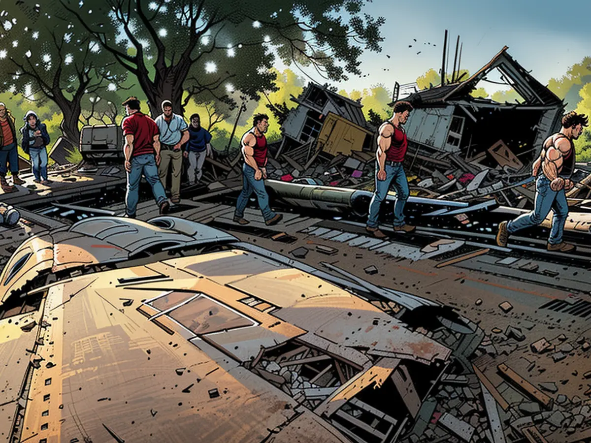 The aircraft's hydrofoil, set against the backdrop, along with additional wreckage, and a residence that was leveled due to the crash impact.