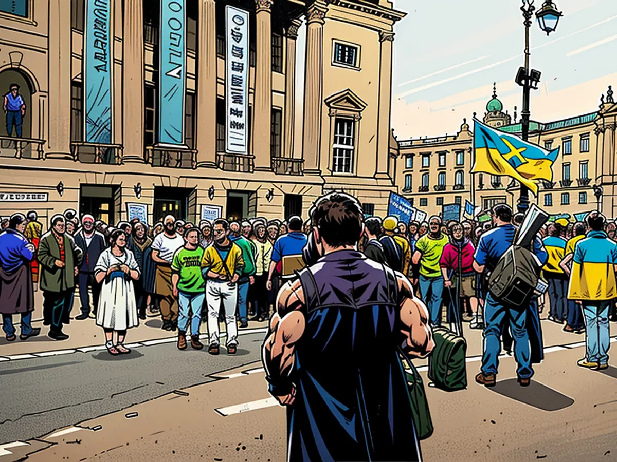 Demonstrators brandishing Ukrainian banners in close proximity to the Staatsoper in Berlin