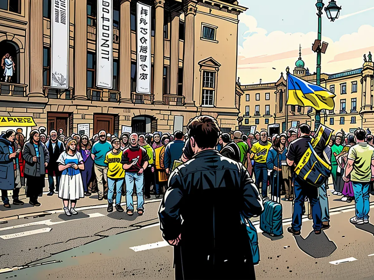 Demonstrators bearing Ukrainian banners present outside the Staatsoper in Berlin.