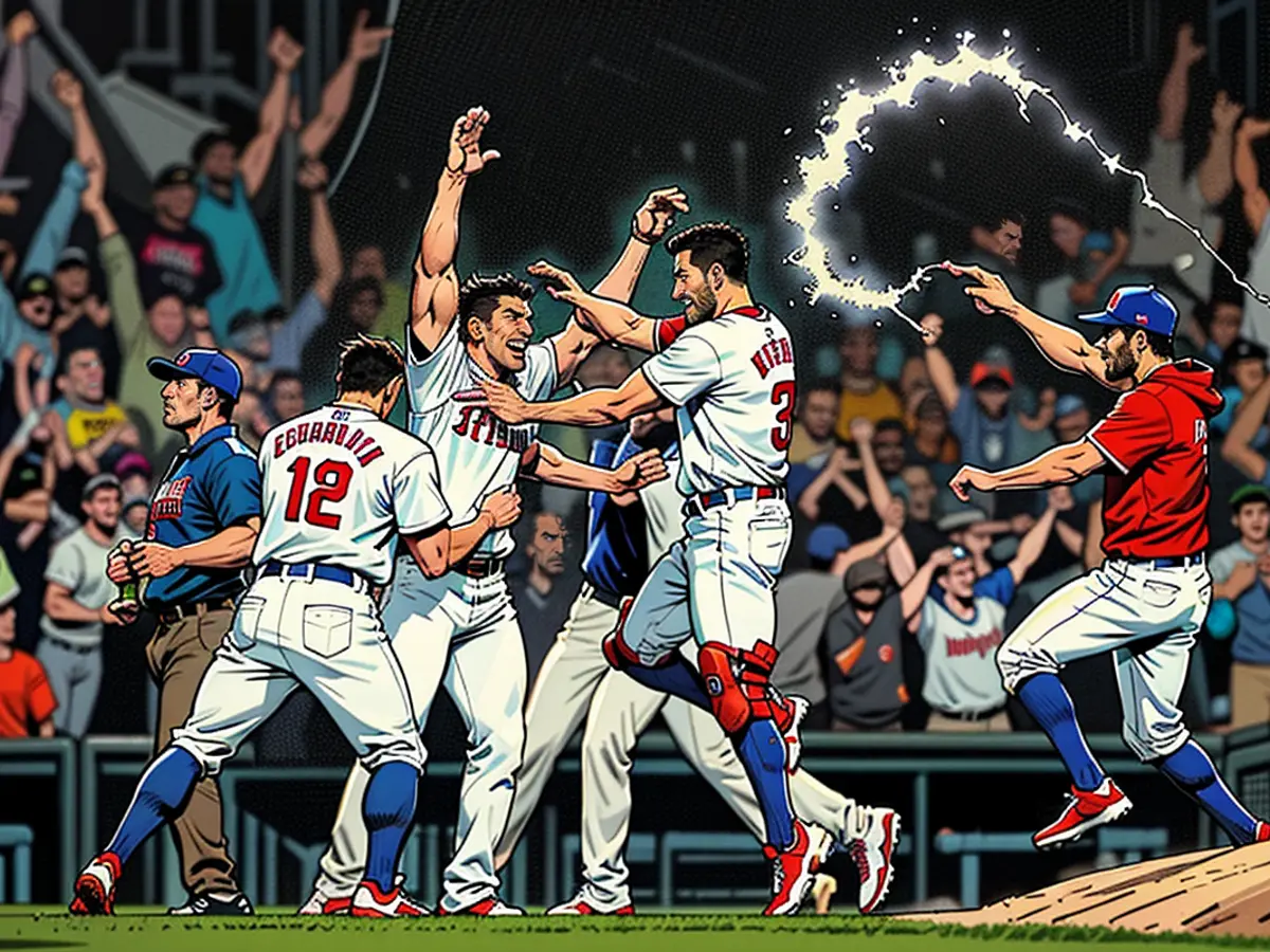 At Citizens Bank Park on October 6, in Philadelphia, Nick Castellanos of the Philadelphia Phillies rejoices with his squad following his game-deciding hit, securing victory over the New York Mets in Game Two of the Division Series.