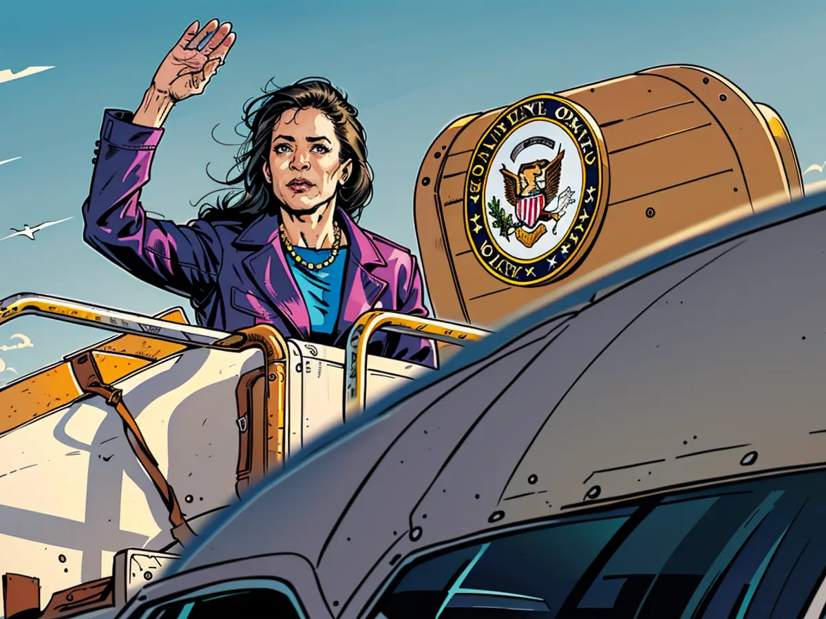 Kamala Harris offers a wave as she embarks on Air Force Two, taking off from San Francisco International Airport on September 28, 2024.