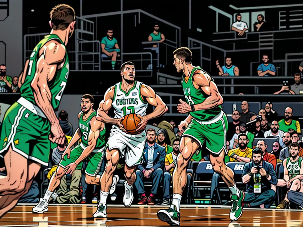 Jokic focuses on distributing the ball during the NBA preseason match-up between Denver Nuggets and Boston Celtics.