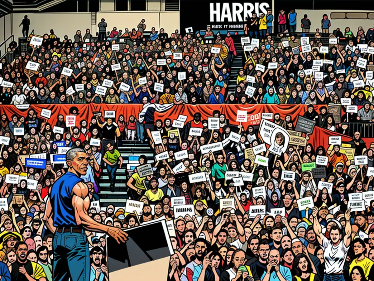 Crowd displays banners while ex-President Barack Obama delivers remarks at a political rally advocating for Vice President Kamala Harris, happening in Pittsburgh on October 10, 2024.