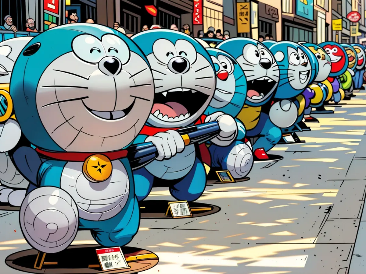 Exhibit showcasing representations of Doraemon, a well-known Japanese animation figure, held in Shanghai, China, on April 26, 2013.