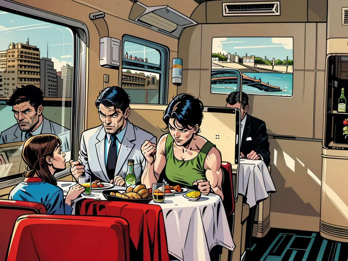 The on-board dining space of Le Capitole, a high-speed train connecting Paris and Toulouse, during the year 1966.