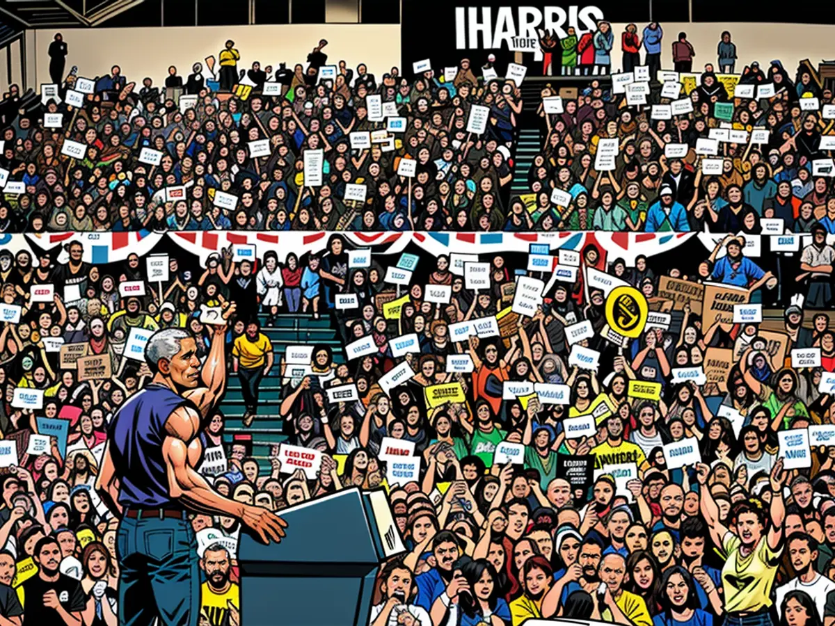 Crowd displays signs during speech by ex-President Barack Obama at promotion rally for VP Kamala Harris in Pittsburgh, October 10, 2024.