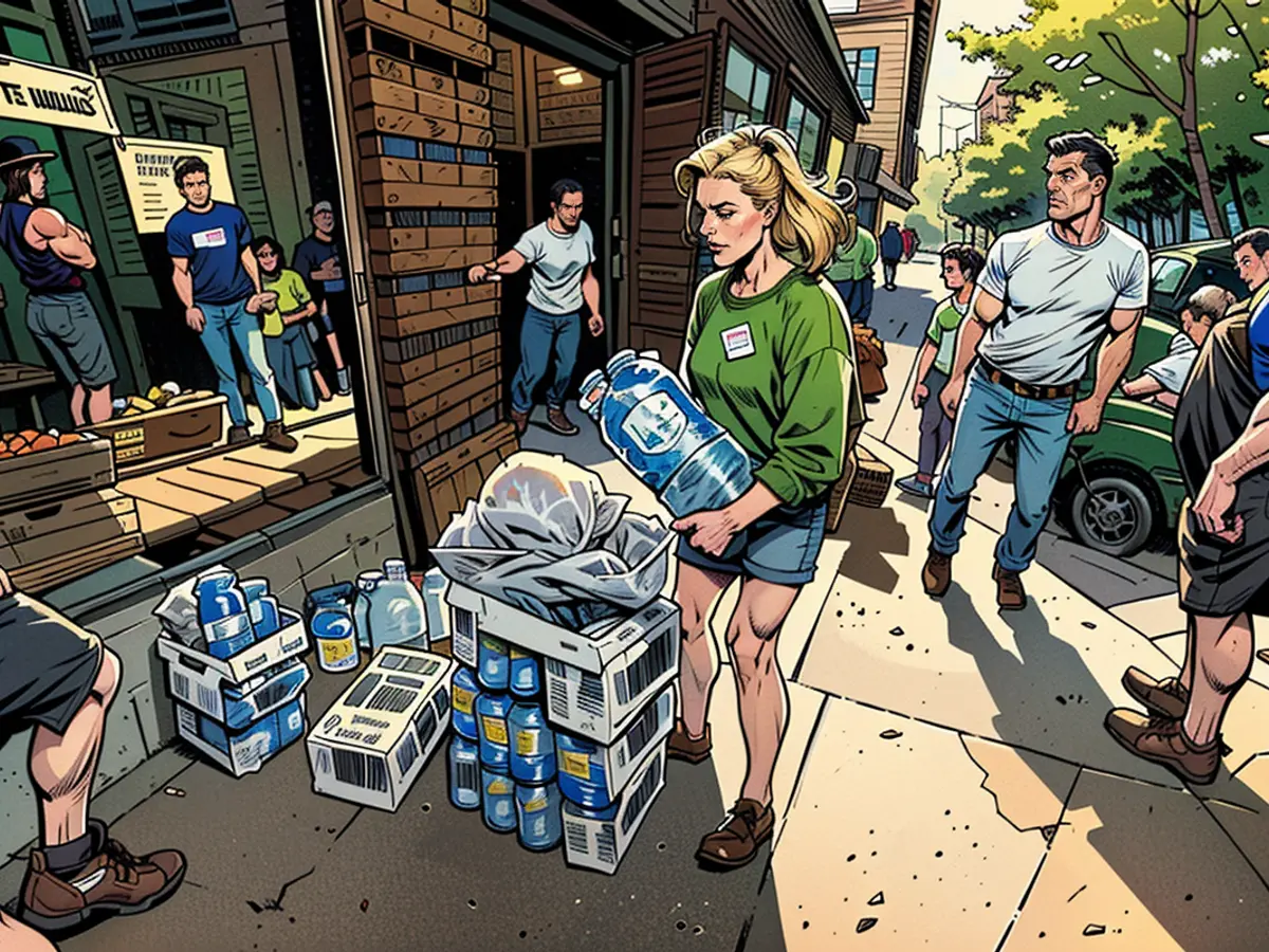 Community helpers and municipality staff prepare water containers prior to dispensing them to residents in Asheville on October 2.