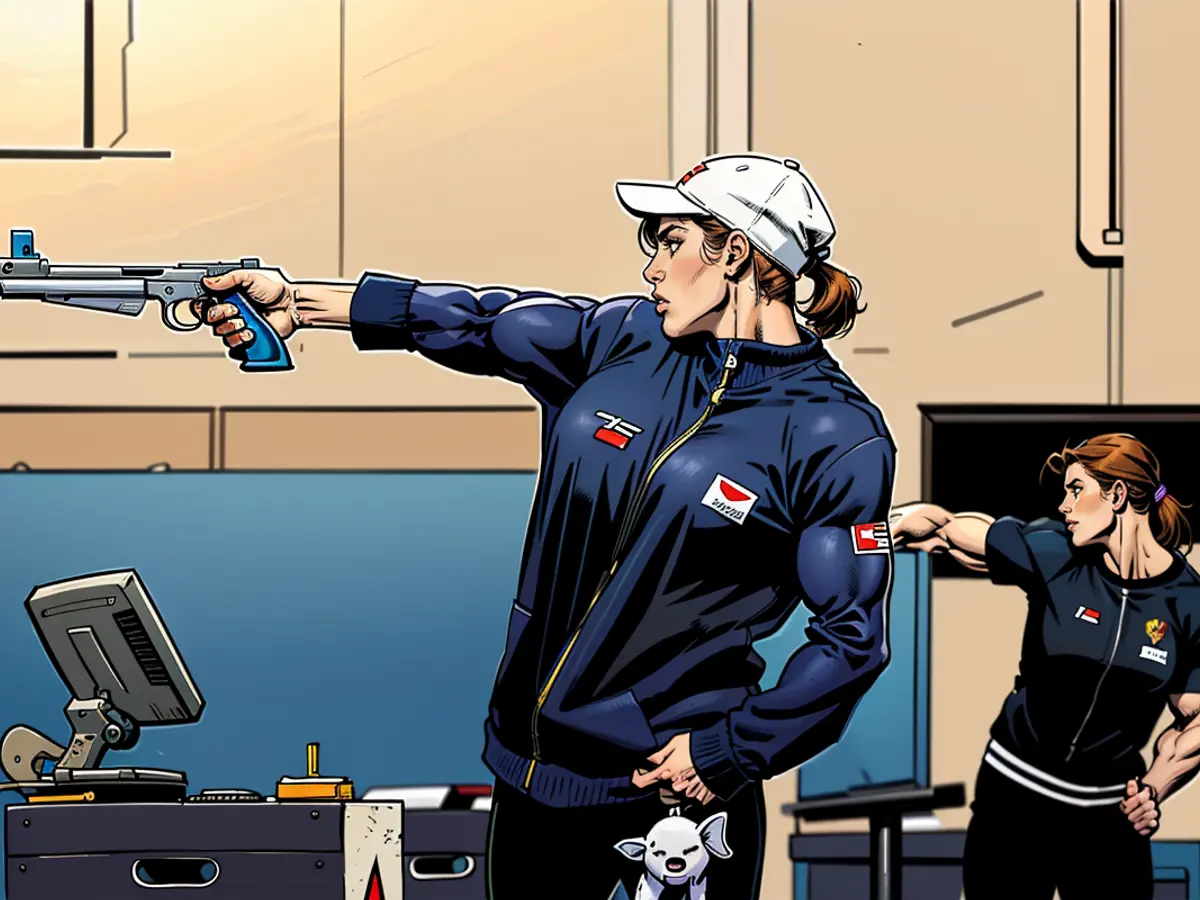 Kim participates in the concluding stage of the women's 10-meter air pistol event at the Paris Olympics, discharging her weapon.