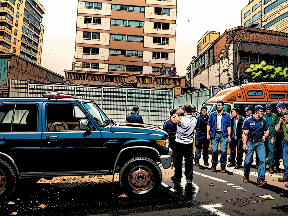 Law enforcement personnel scrutinize a nearby structure after an explosive-filled drone explodes in mid-air during Venezuelan President Nicolas Maduro's address in Caracas on August 4, 2018.