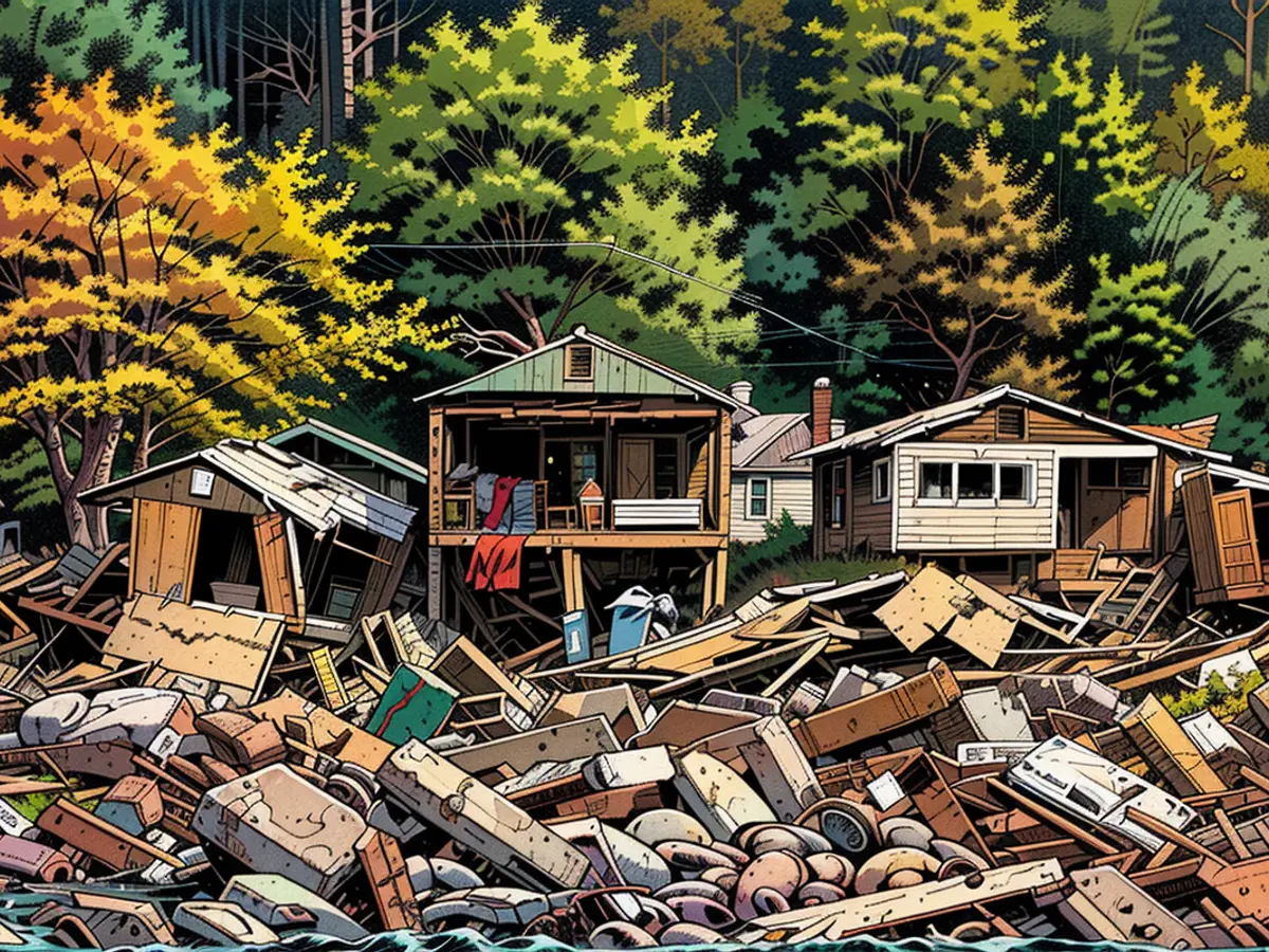 Wrecked dwellings are visible in Chimney Rock, North Carolina, on October 2, 2024, following the aftermath of Hurricane Helene's passing.