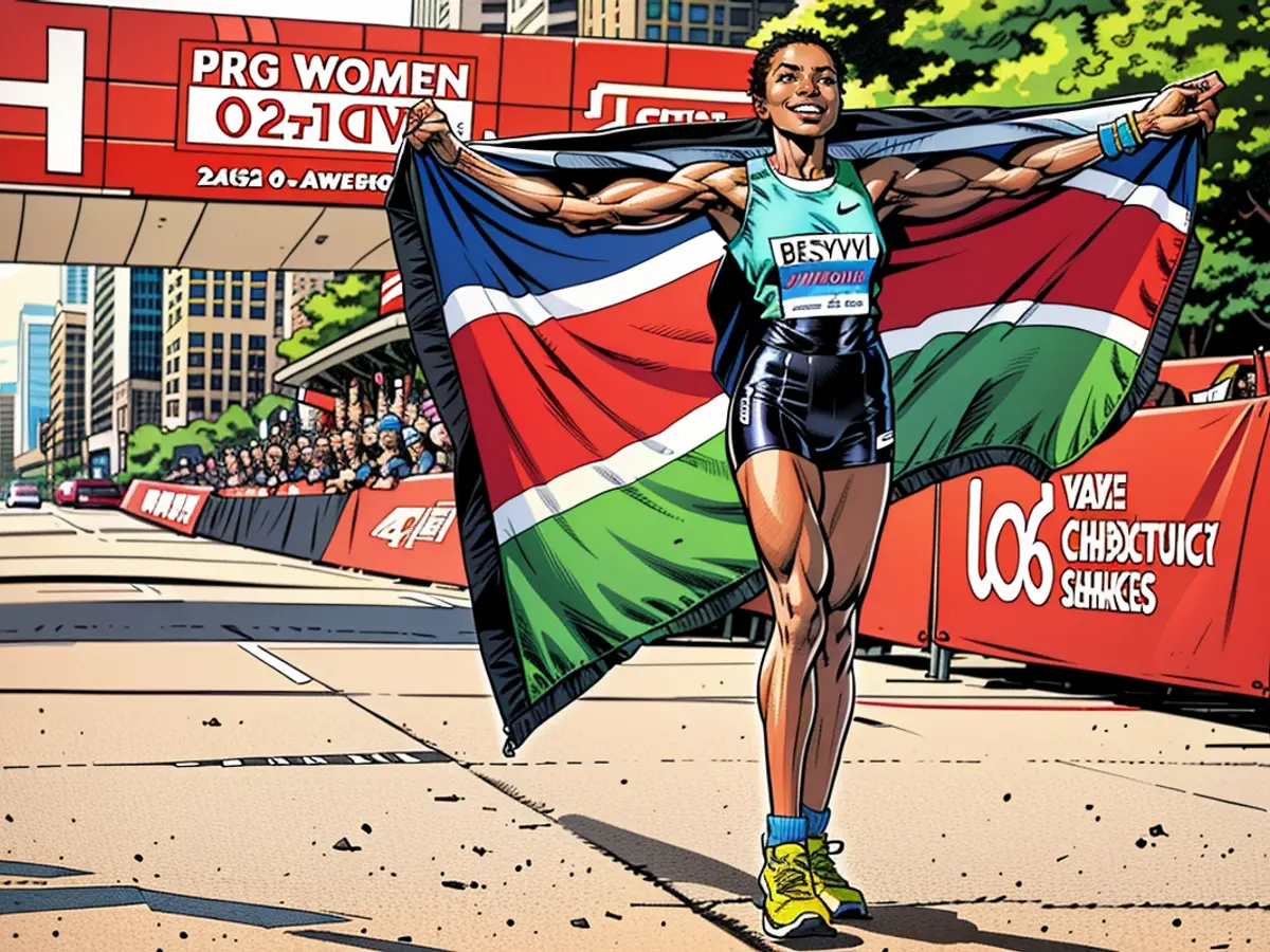 In the 2024 Chicago Marathon's professional women's category, Kenya's Ruth Chepngetich triumphantly crosses the finish line, securing her victory.