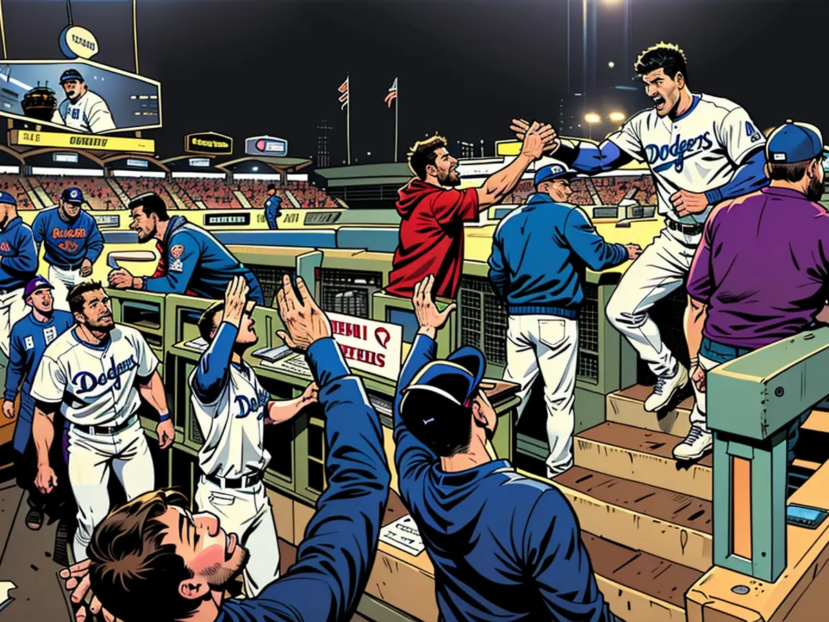 Shohei Ohtani, two-time AL MVP, rejoices with his teammates following his scored run in Game 1 of the NLCS against the Mets at Dodger Stadium.