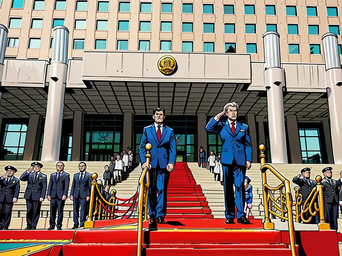 During a welcoming event in Beijing, Chinese Defense Minister Dong Jun interacts with Russian counterpart Andrei Belousov.