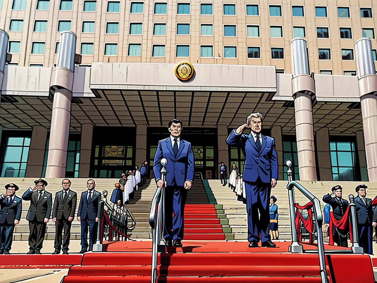 During a reception event in Beijing, Chinese Defense Minister Dong Jun engages in discussions with his Russian counterpart, Andrei Belousov.