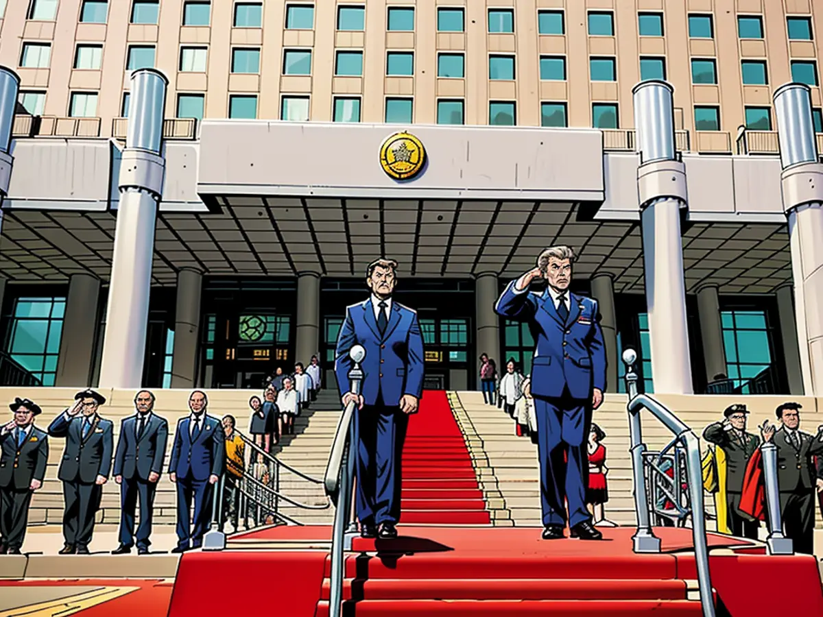 Chinese Defense Minister Dong Jun associates with Russian counterpart Andrei Belousov during a reception celebration in Beijing.