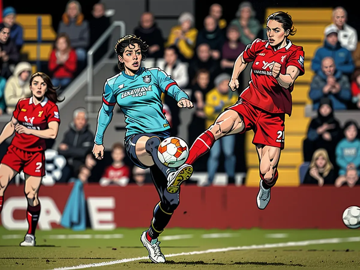 During a Barclays Women's Super League encounter at Anfield, Liverpool, Manchester City's Khadija Shaw and Fuka Nagano from Liverpool contend for possession of the ball. The image was captured on October 13, 2024. Credit: PA.