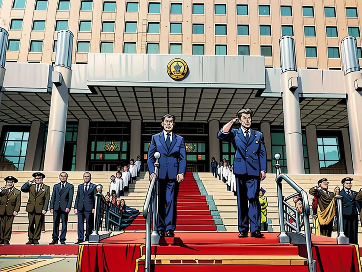 Defense Minister Dong Jun of China and Russian counterpart Andrei Belousov participate in a welcome event in Beijing.