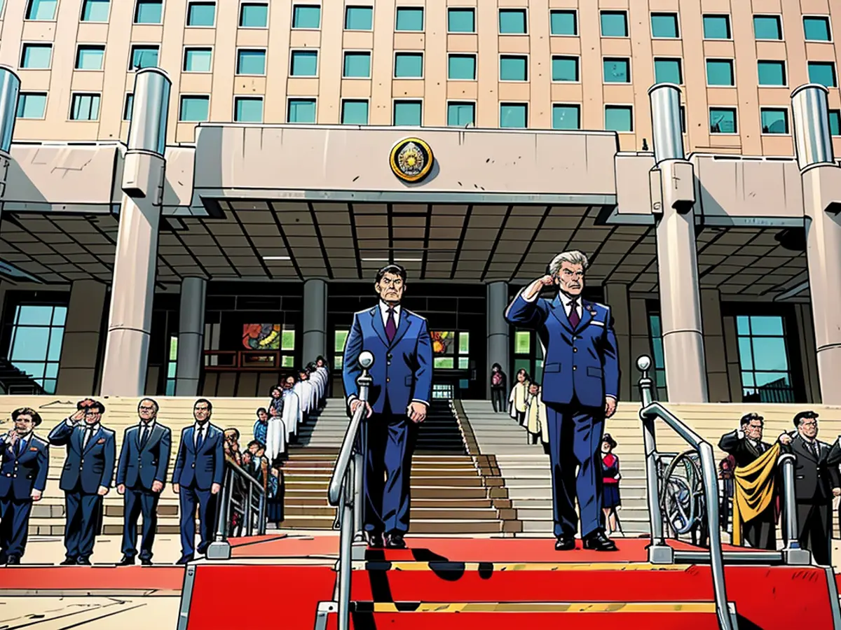 Chinese Defense Chief Dong Jun associates with Russian Defense Counterpart Andrei Belousov during a welcome function in Beijing.