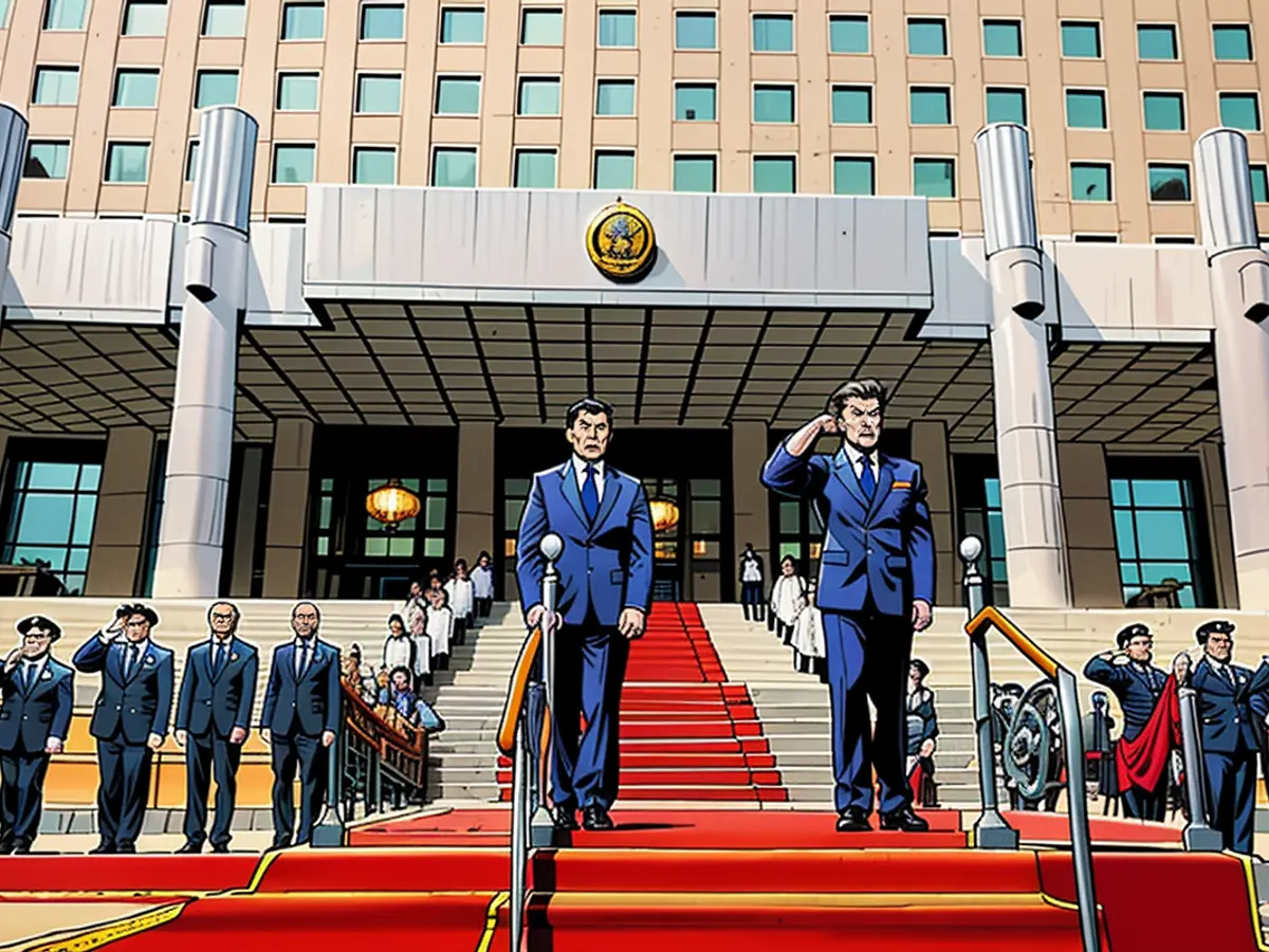 Chinese Defense Minister Dong Jun greets Russian Defense Counterpart Andrei Belousov during an official welcome event in Beijing.