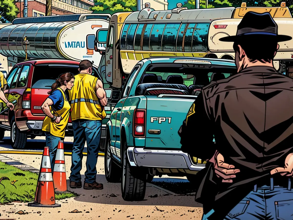 A law enforcement officer from the Florida Highway Patrol oversees gas supply personnel as they dispense fuel to locals on October 12, 2024, in Plant City, Florida. Following the aftermath of Hurricane Milton, gas stations are taking their time to resume operations.