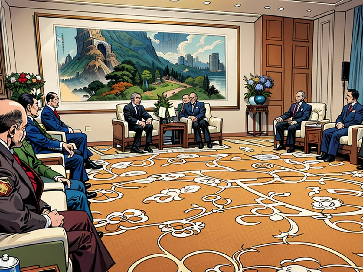 Russian Defense Minister Andrei Belousov and Chinese Central Military Commission Vice Chairman Zhang Youxia engage in discussions in Beijing, China, as depicted in this static image.