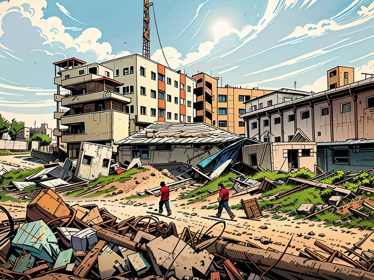 Individuals traverse a devastated pathway near Nasser Hospital in Khan Younis, situated in the southern region of Gaza Strip, on May 2, 2024.