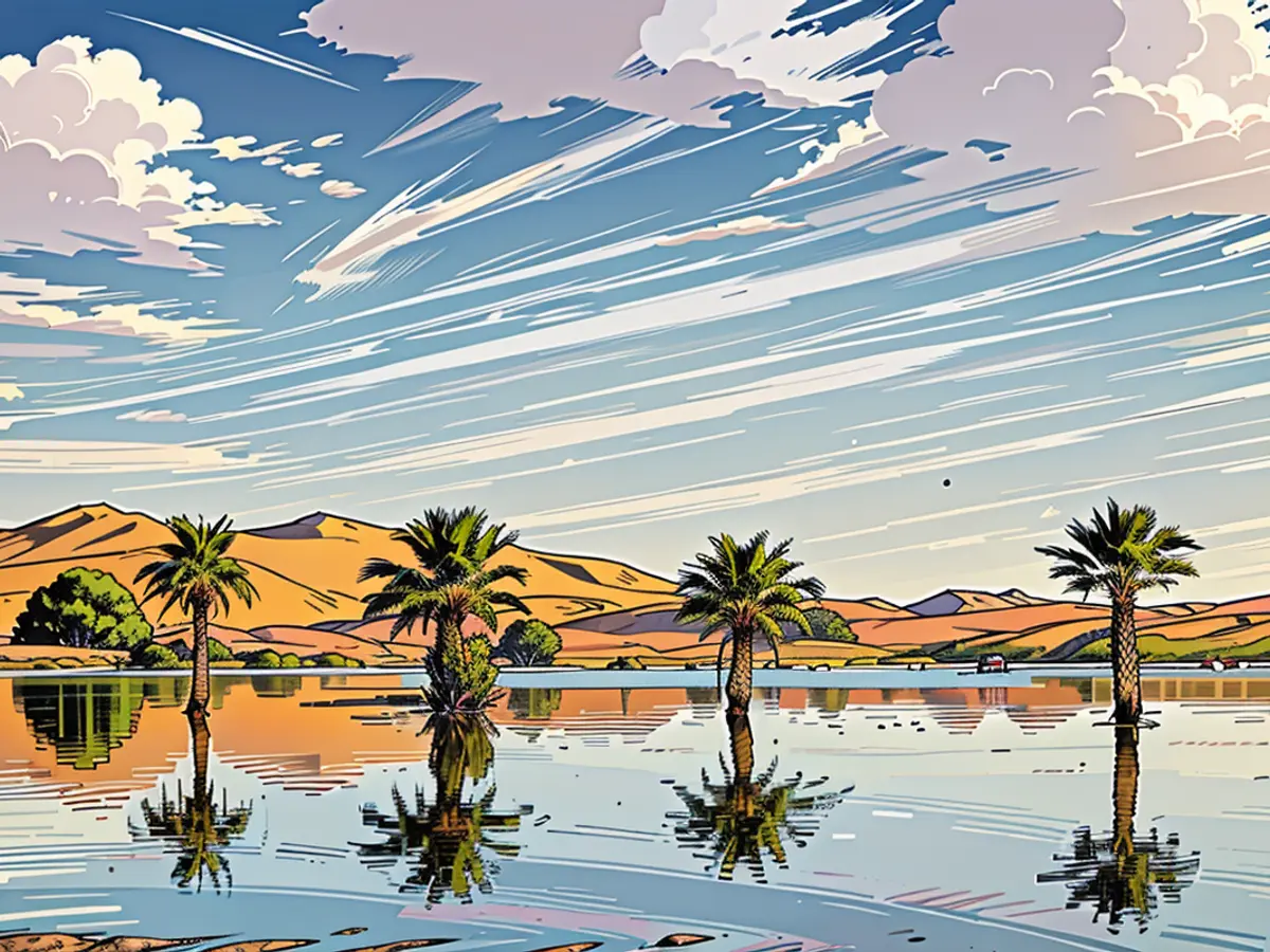 Desert oasis of Merzouga, located near Rachidia in southeastern Morocco, showcases palm trees mirrored in a lake formed by substantial rainfall on October 2, 2024. (AP, paraphrased)