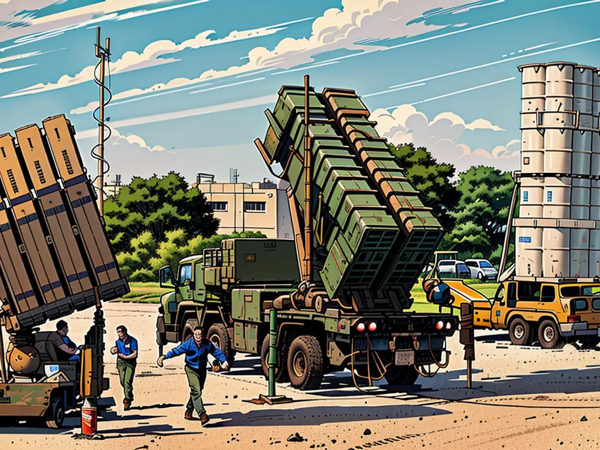 Israeli military personnel traverse close to a Israeli Iron Dome defense mechanism (on the left), a surface-to-air missile system (SAM) (in the center), and the advanced anti-ballistic missile, Arrow 3 (on the right), during a collaborative drill with the United States in the heartland of Israel in the year 2016.